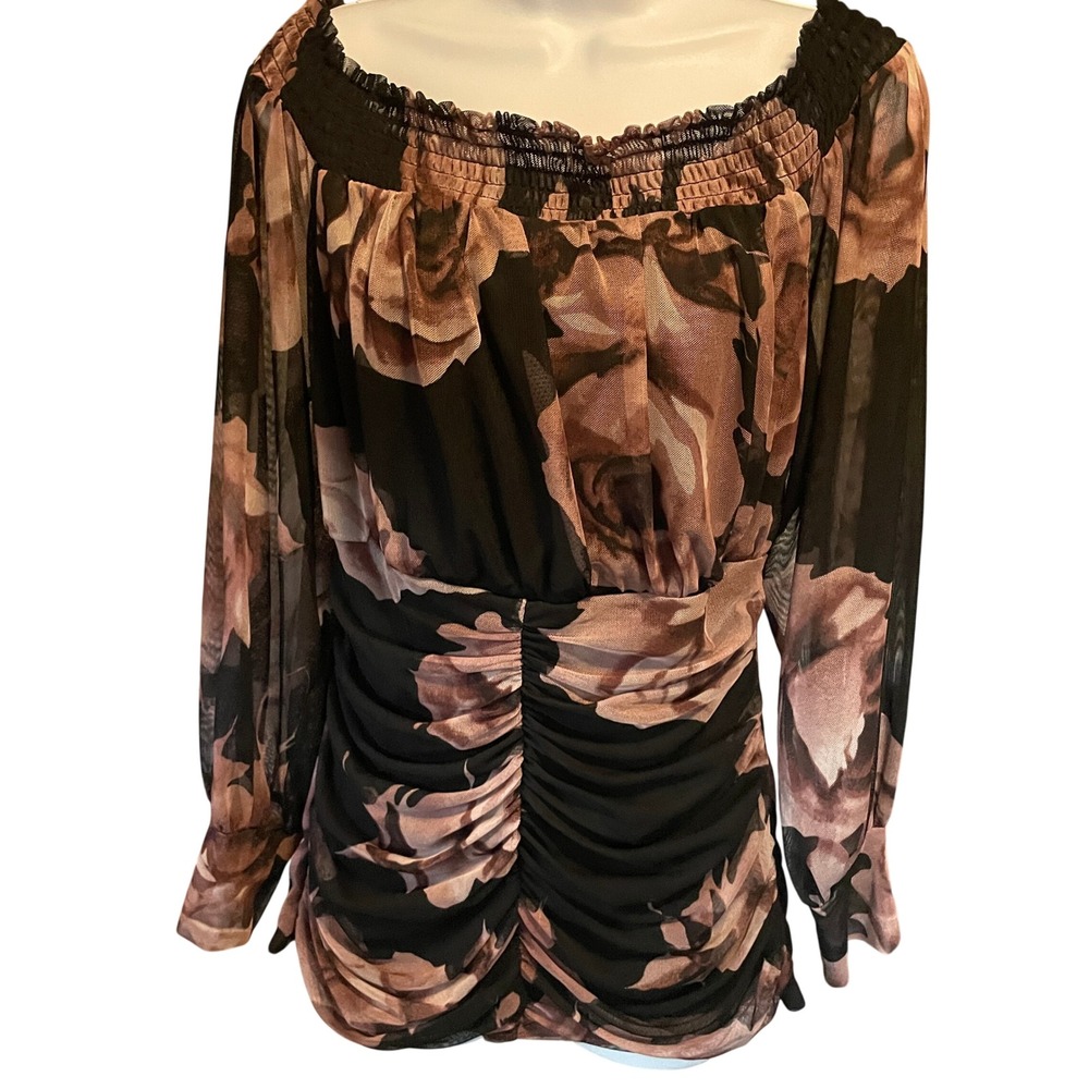 Women Dark Floral Fairy‎ Whimsigoth Sheer Mesh Overlay Smocked Ruched Top Large